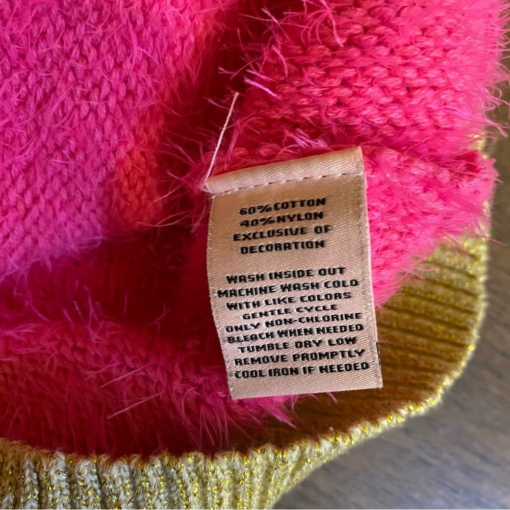 Y2K Women's Juicy Couture Pink & Gold Fuzzy Knit Sweater Size Medium Pocket - Picture 10 of 10